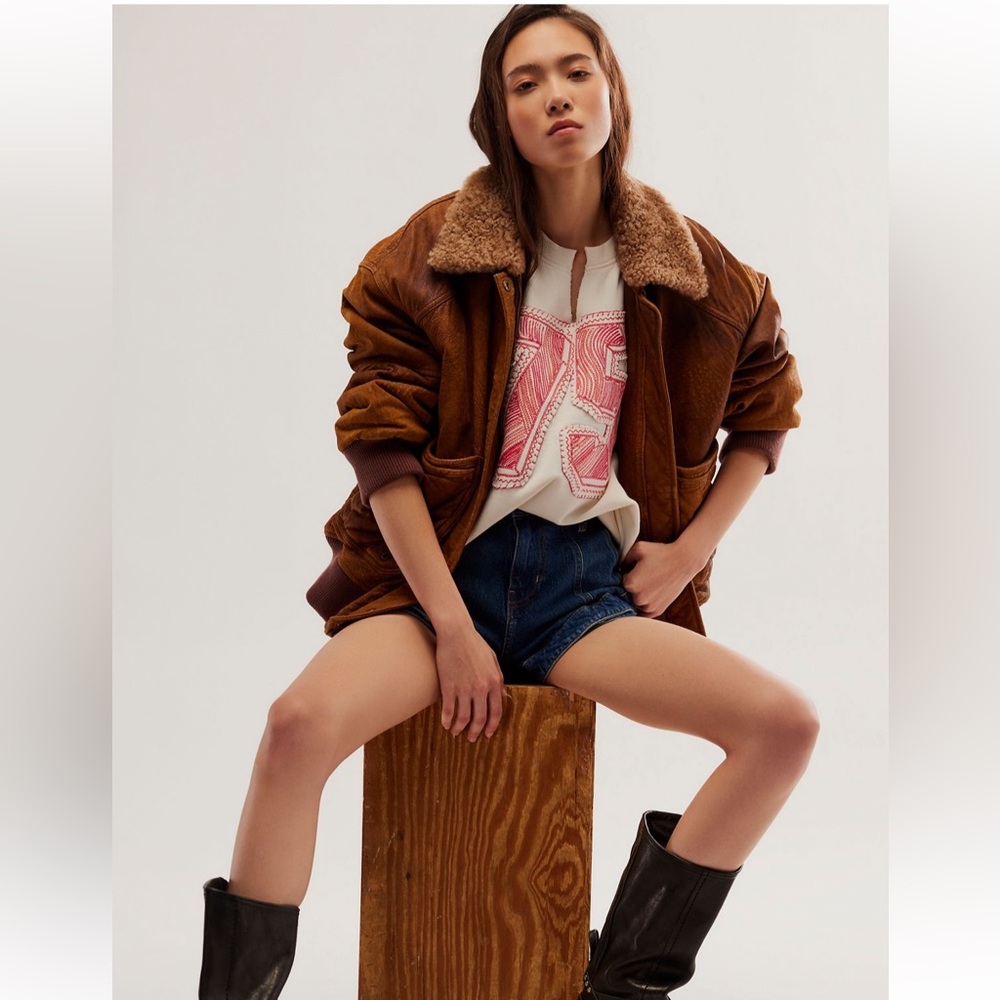 Free People Cream and Red Embroidered Sweatshirt
